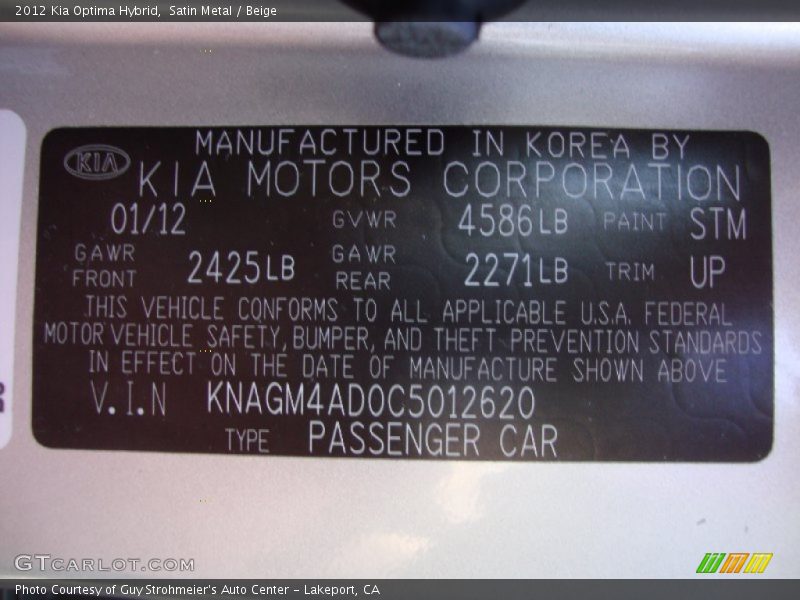 2012 Optima Hybrid Satin Metal Color Code STM