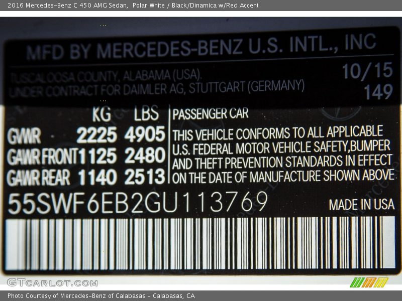 2016 C 450 AMG Sedan Polar White Color Code 149