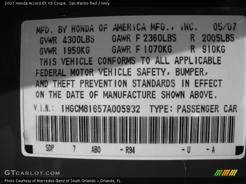 San Marino Red / Ivory 2007 Honda Accord EX V6 Coupe