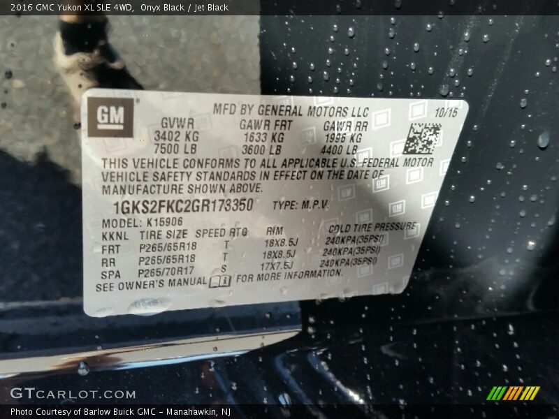 Onyx Black / Jet Black 2016 GMC Yukon XL SLE 4WD