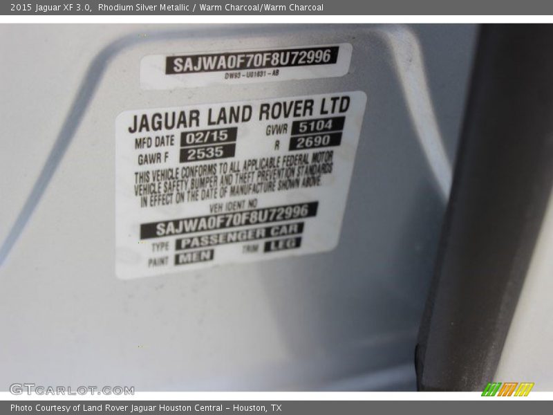 Rhodium Silver Metallic / Warm Charcoal/Warm Charcoal 2015 Jaguar XF 3.0