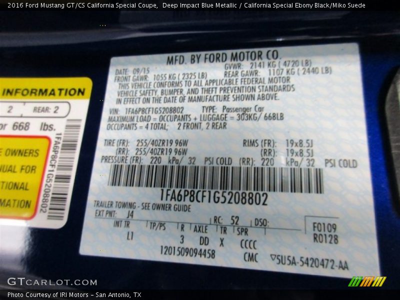 Deep Impact Blue Metallic / California Special Ebony Black/Miko Suede 2016 Ford Mustang GT/CS California Special Coupe