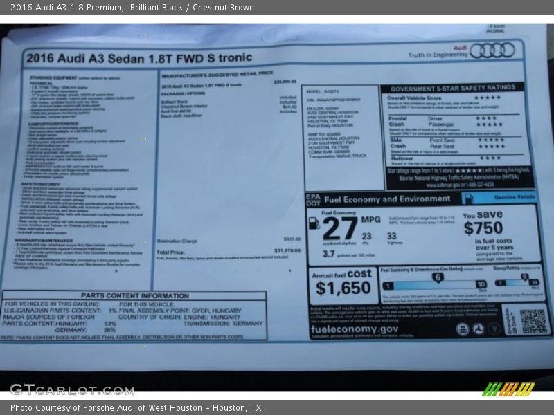 Brilliant Black / Chestnut Brown 2016 Audi A3 1.8 Premium