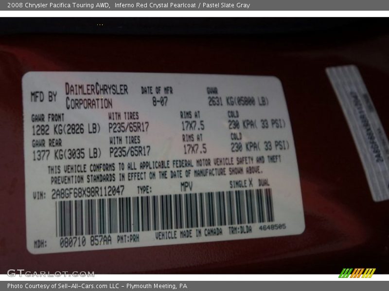 Inferno Red Crystal Pearlcoat / Pastel Slate Gray 2008 Chrysler Pacifica Touring AWD