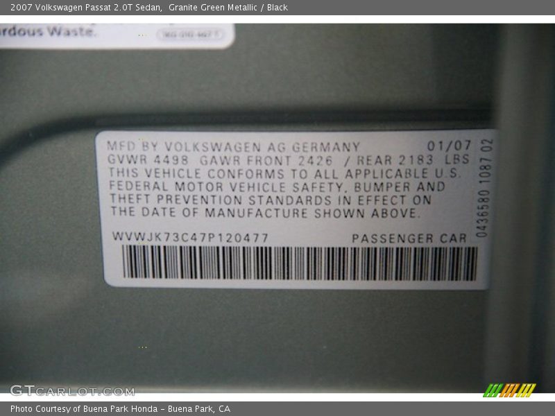 Granite Green Metallic / Black 2007 Volkswagen Passat 2.0T Sedan