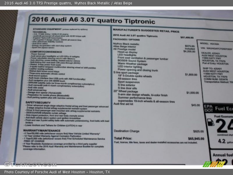 Mythos Black Metallic / Atlas Beige 2016 Audi A6 3.0 TFSI Prestige quattro