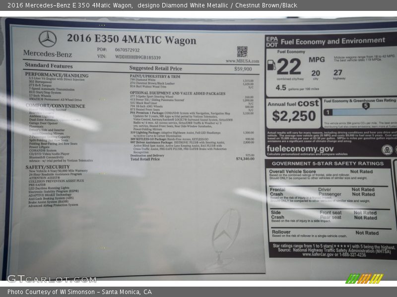  2016 E 350 4Matic Wagon Window Sticker