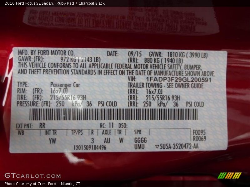 2016 Focus SE Sedan Ruby Red Color Code RR