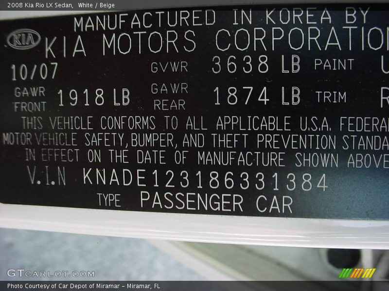 White / Beige 2008 Kia Rio LX Sedan