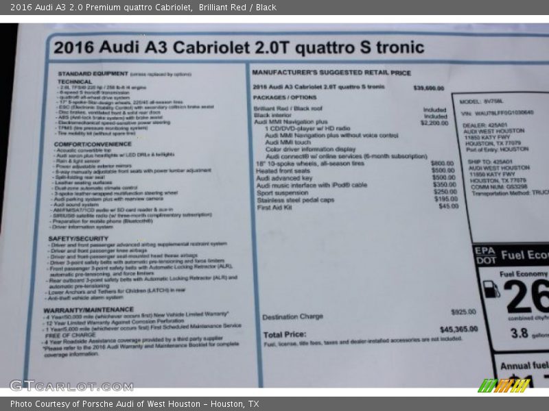  2016 A3 2.0 Premium quattro Cabriolet Window Sticker