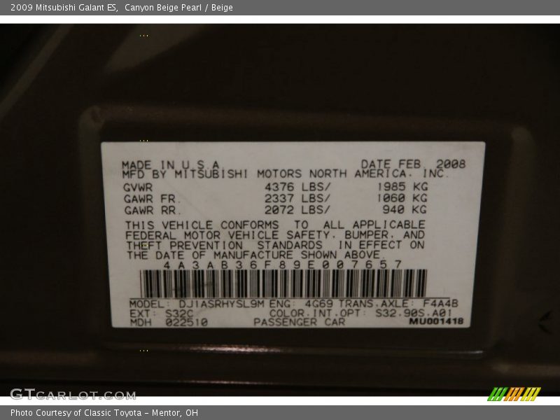 Canyon Beige Pearl / Beige 2009 Mitsubishi Galant ES