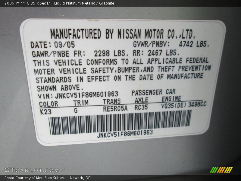 Liquid Platinum Metallic / Graphite 2006 Infiniti G 35 x Sedan