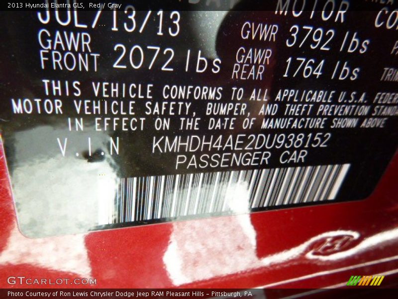 Red / Gray 2013 Hyundai Elantra GLS