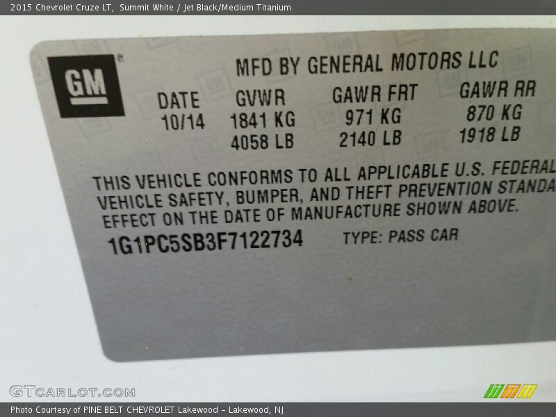 Summit White / Jet Black/Medium Titanium 2015 Chevrolet Cruze LT