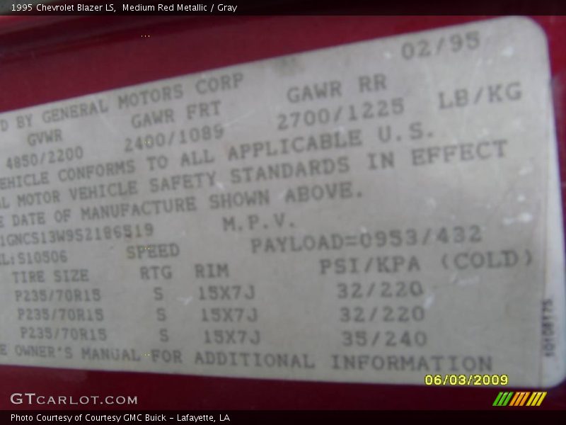 Medium Red Metallic / Gray 1995 Chevrolet Blazer LS