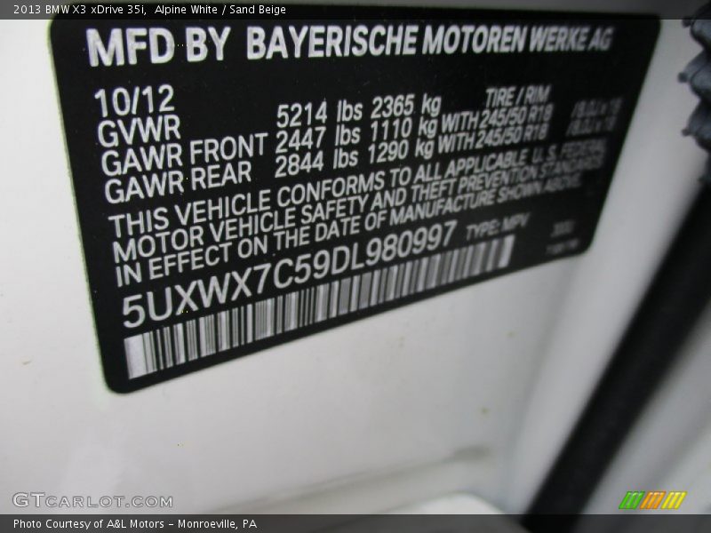 Alpine White / Sand Beige 2013 BMW X3 xDrive 35i