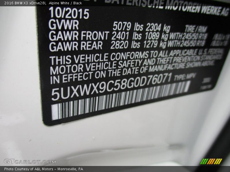 Alpine White / Black 2016 BMW X3 xDrive28i