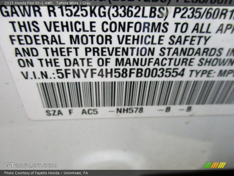 Taffeta White / Gray 2015 Honda Pilot EX-L 4WD