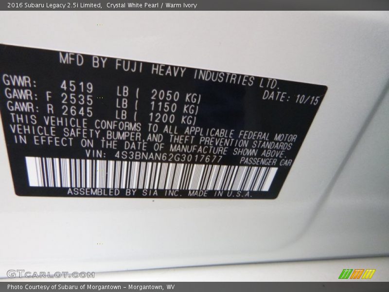 Crystal White Pearl / Warm Ivory 2016 Subaru Legacy 2.5i Limited