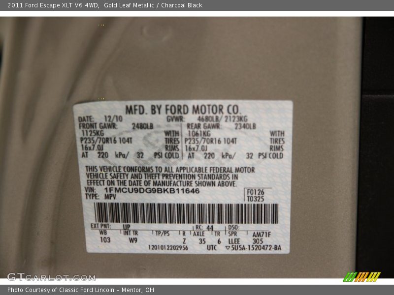 Gold Leaf Metallic / Charcoal Black 2011 Ford Escape XLT V6 4WD