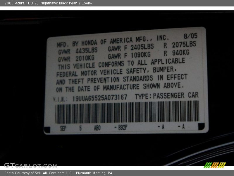Nighthawk Black Pearl / Ebony 2005 Acura TL 3.2