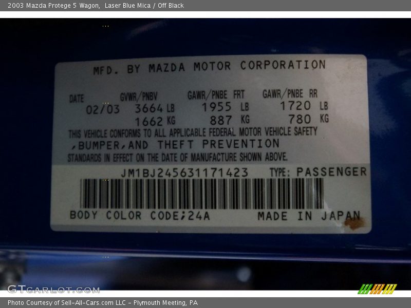 2003 Protege 5 Wagon Laser Blue Mica Color Code 24A