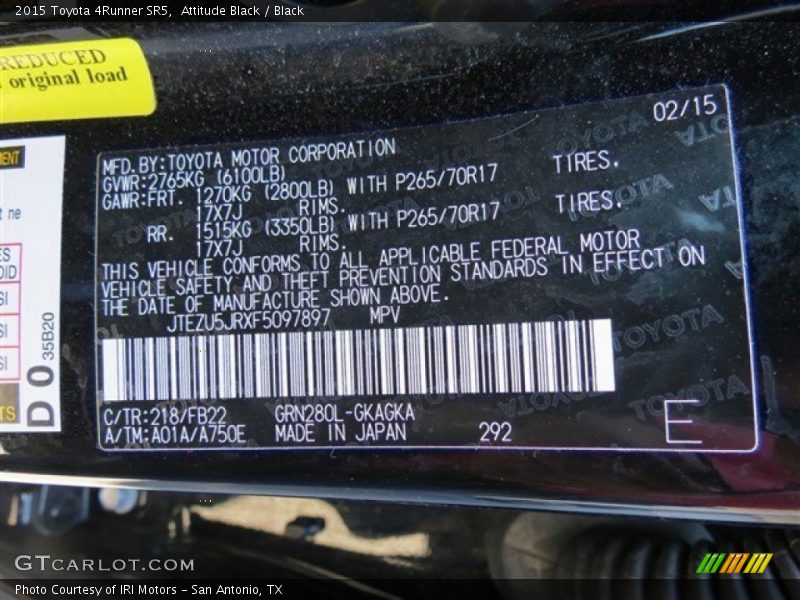 Attitude Black / Black 2015 Toyota 4Runner SR5