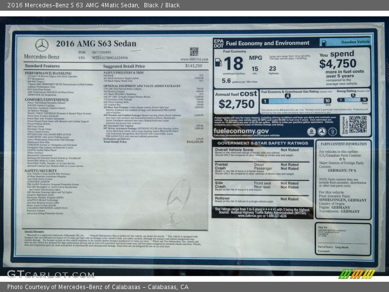  2016 S 63 AMG 4Matic Sedan Window Sticker