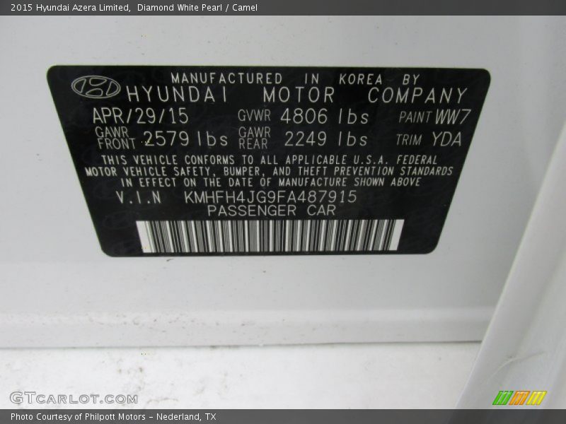 Diamond White Pearl / Camel 2015 Hyundai Azera Limited