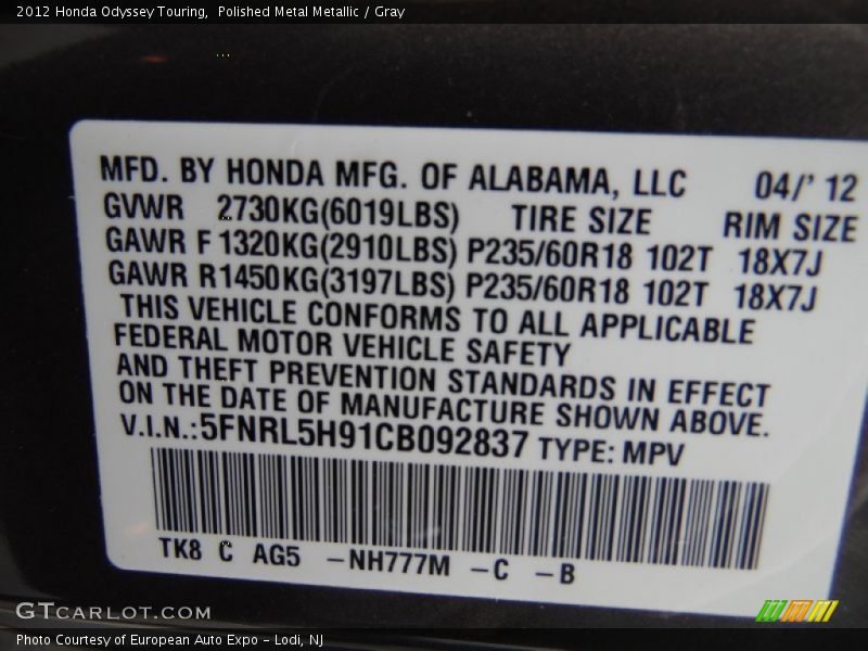 Polished Metal Metallic / Gray 2012 Honda Odyssey Touring