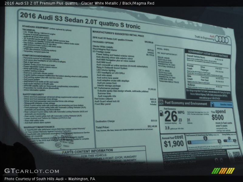  2016 S3 2.0T Premium Plus quattro Window Sticker