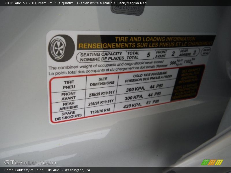 Info Tag of 2016 S3 2.0T Premium Plus quattro