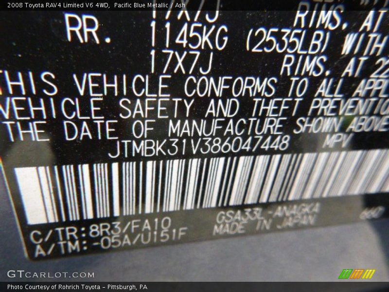 Pacific Blue Metallic / Ash 2008 Toyota RAV4 Limited V6 4WD