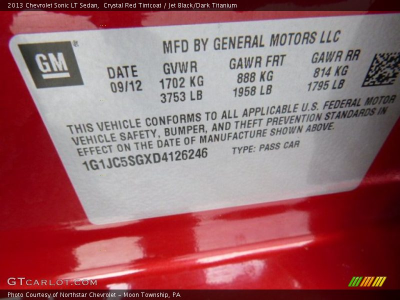 Crystal Red Tintcoat / Jet Black/Dark Titanium 2013 Chevrolet Sonic LT Sedan