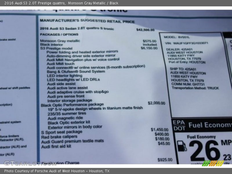  2016 S3 2.0T Prestige quattro Window Sticker