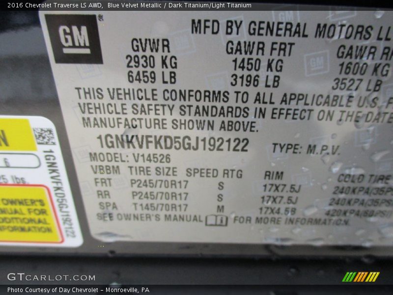 Blue Velvet Metallic / Dark Titanium/Light Titanium 2016 Chevrolet Traverse LS AWD