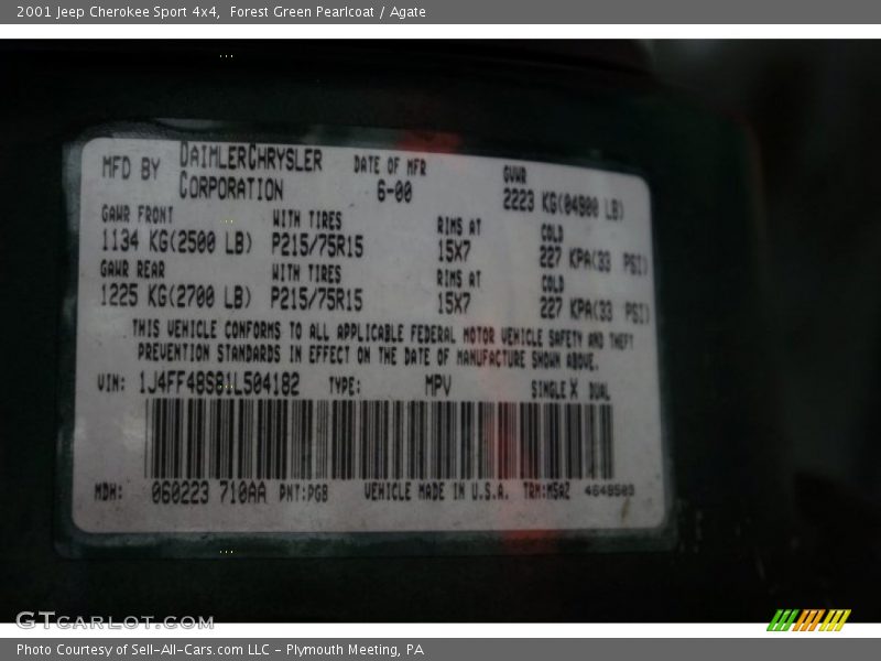 Forest Green Pearlcoat / Agate 2001 Jeep Cherokee Sport 4x4