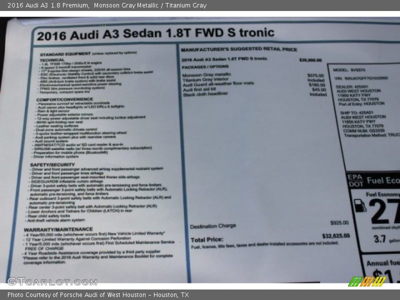 Monsoon Gray Metallic / Titanium Gray 2016 Audi A3 1.8 Premium