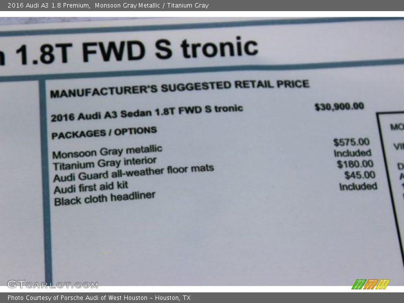 Monsoon Gray Metallic / Titanium Gray 2016 Audi A3 1.8 Premium