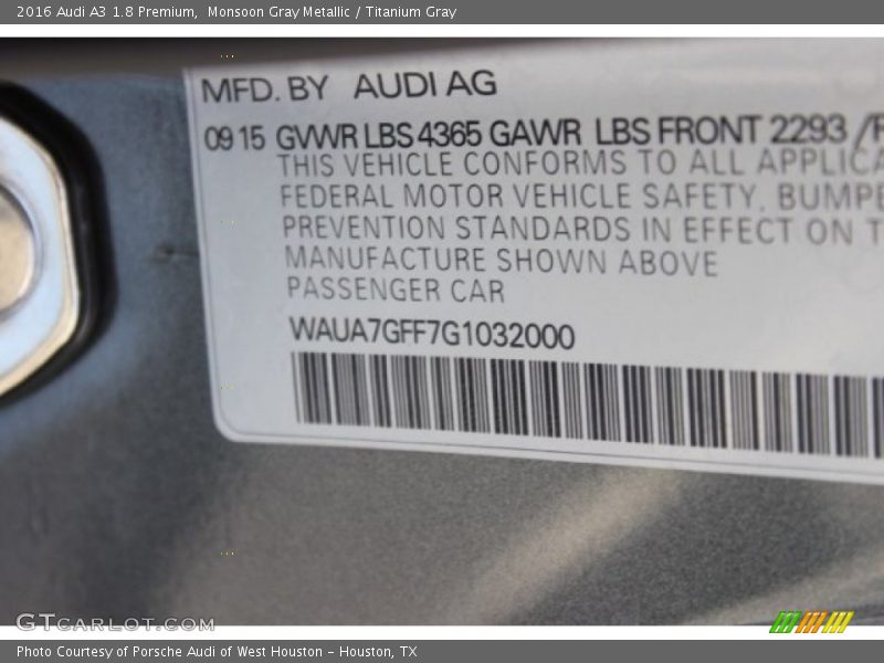 Monsoon Gray Metallic / Titanium Gray 2016 Audi A3 1.8 Premium
