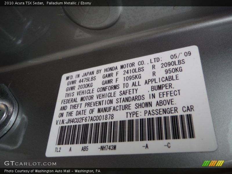 Palladium Metallic / Ebony 2010 Acura TSX Sedan