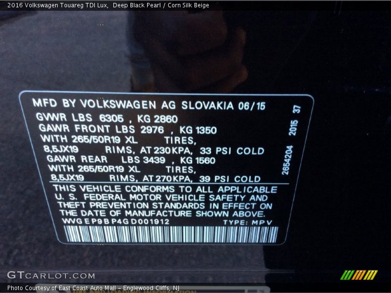 Info Tag of 2016 Touareg TDI Lux