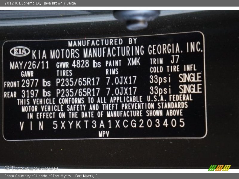 Java Brown / Beige 2012 Kia Sorento LX