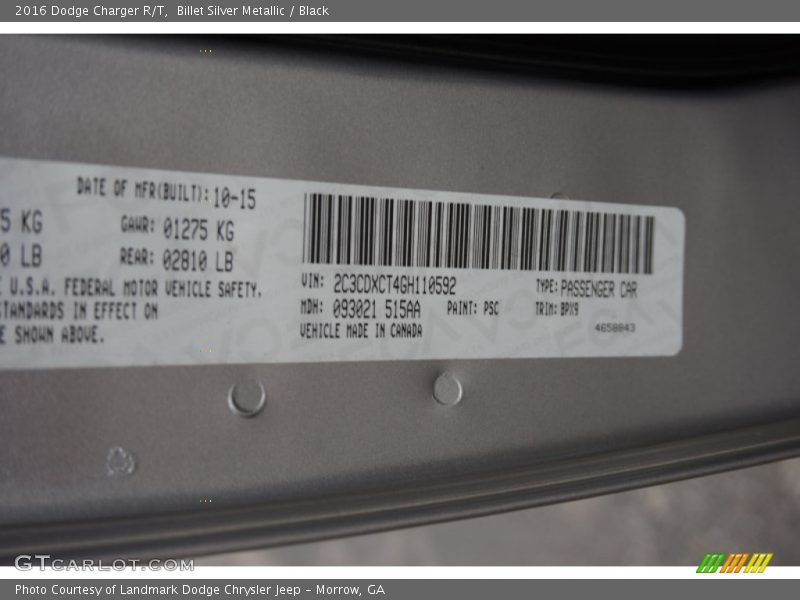 2016 Charger R/T Billet Silver Metallic Color Code PSC