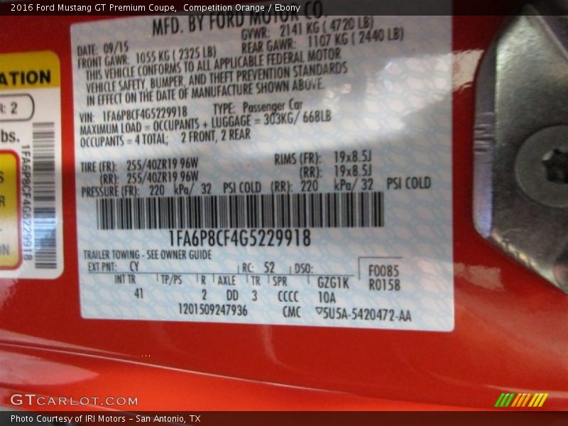 2016 Mustang GT Premium Coupe Competition Orange Color Code CY