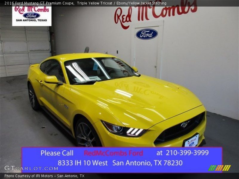 Triple Yellow Tricoat / Ebony/Yellow Jacket Stitching 2016 Ford Mustang GT Premium Coupe