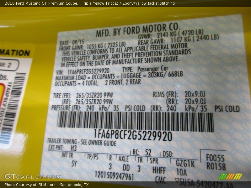 2016 Mustang GT Premium Coupe Triple Yellow Tricoat Color Code H3
