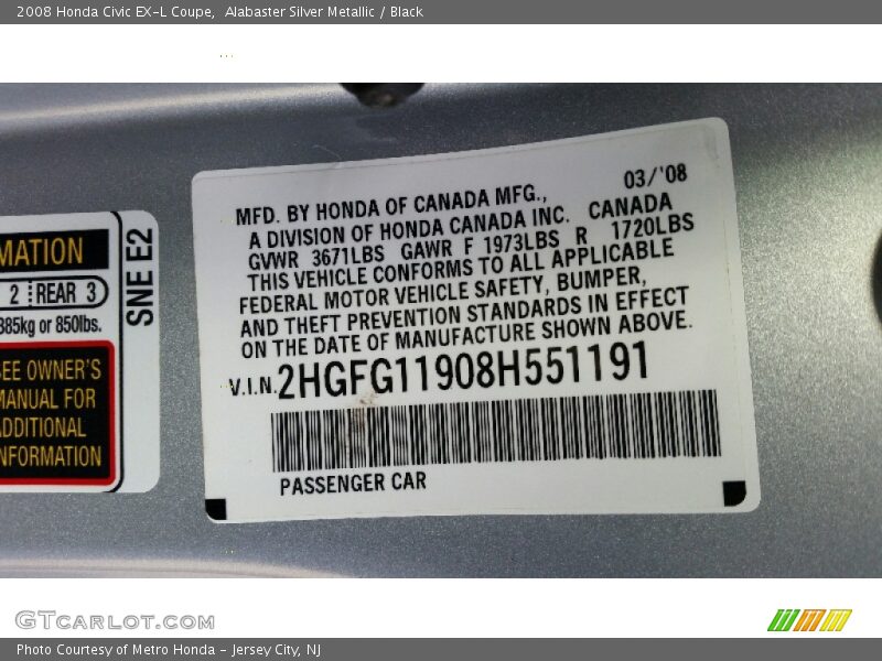 Alabaster Silver Metallic / Black 2008 Honda Civic EX-L Coupe