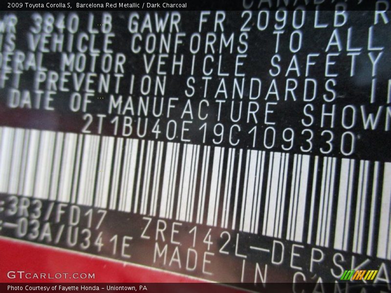 Barcelona Red Metallic / Dark Charcoal 2009 Toyota Corolla S