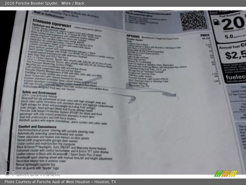  2016 Boxster Spyder Window Sticker